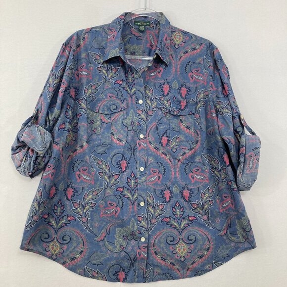 Lauren Ralph Lauren Tops - Lauren Ralph Lauren size 1X Blue Multi Paisley Rolled Sleeve Preppy Button Up